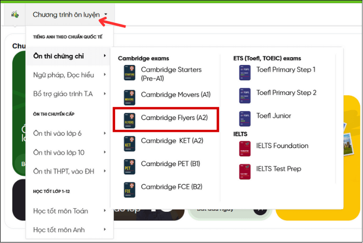 TAK12 HD chọn gói Cambridge Flyers