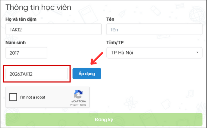 Bước 2 áp mã học bổng TAK12