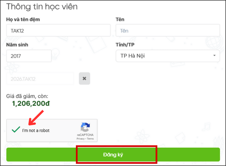 bước 3 áp mã học bổng TAK12