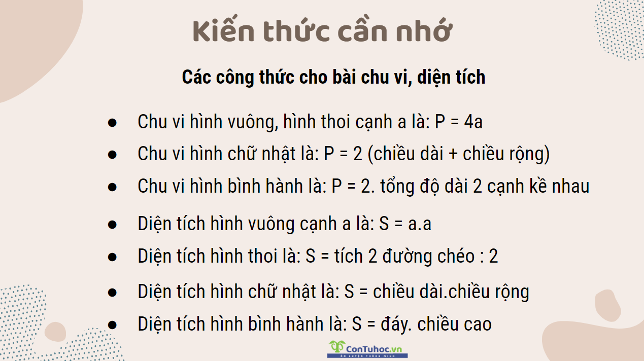 Các công thức cho bài chu vi, diện tích