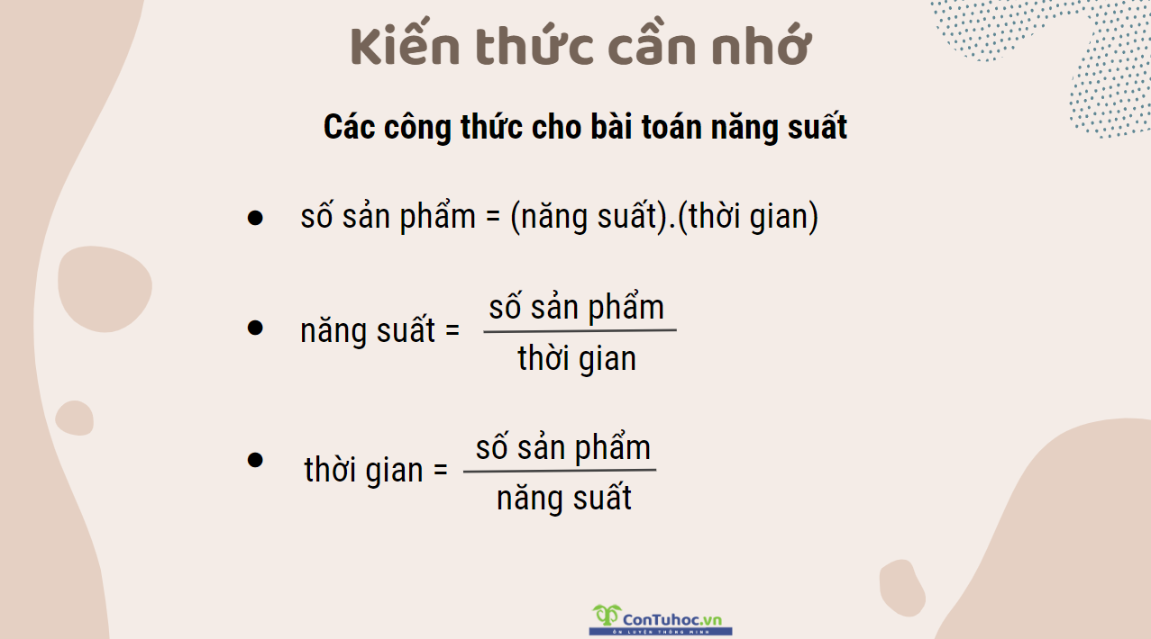 Các công thức cho bài toán năng suất