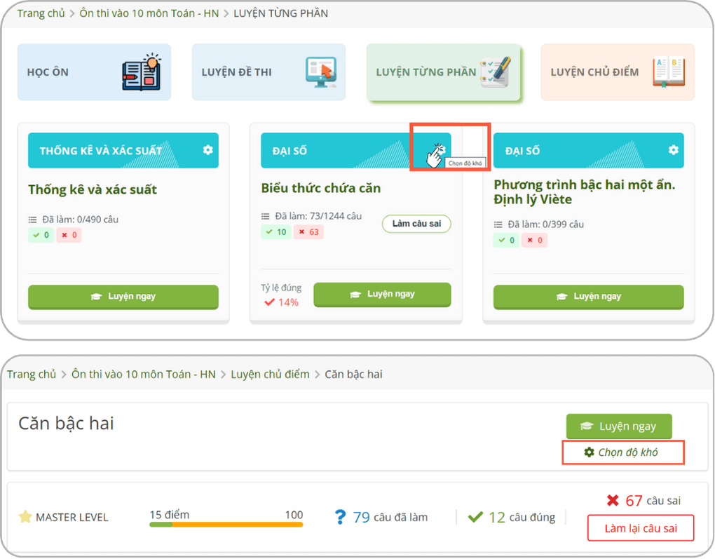 tính năng chọn độ khó trên TAK12