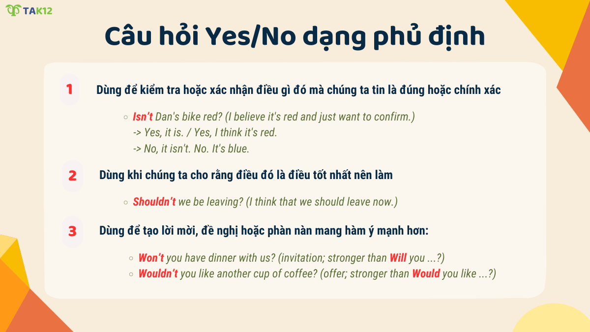 Cách dùng câu hỏi Yes/No dạng phủ định