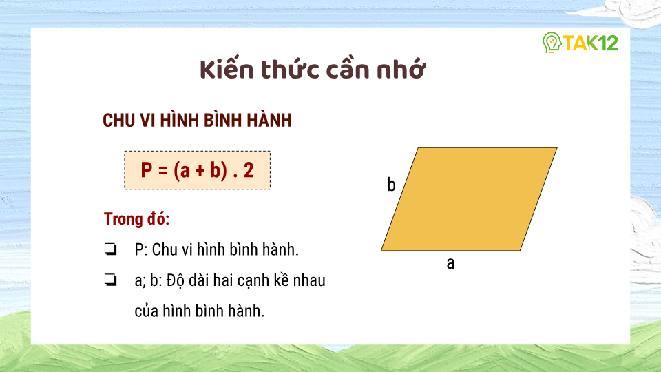 Công thức tính chu vi hình bình hành