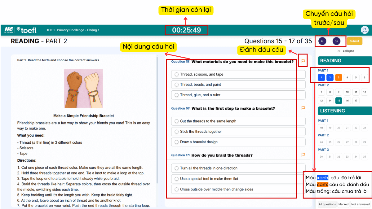 Giao diện làm bài thi trải nghiệm trực tuyến toefl primary