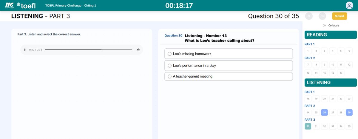 Giao diện với phần th Listening