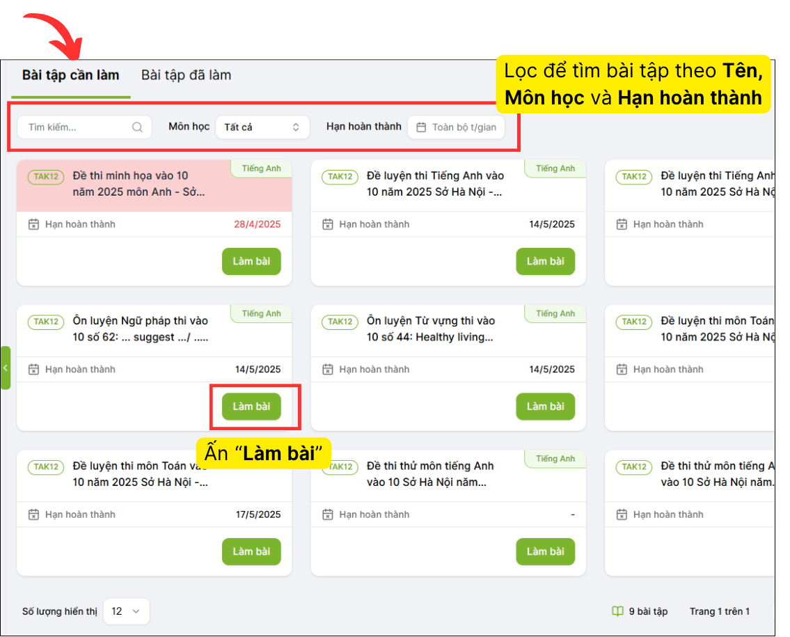 Hướng dẫn xem và làm bài tập trên TAK12 School dành cho học sinh