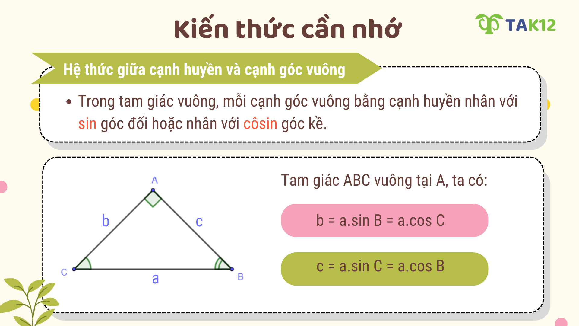 Hệ thức giữa cạnh huyền và cạnh góc vuông