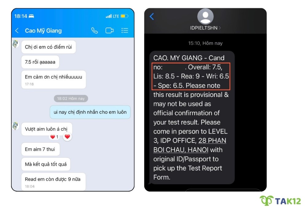 học viên TAK12 báo điểm thi ielts