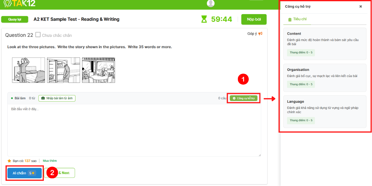 Cách dùng tính năng AI chấm Writing