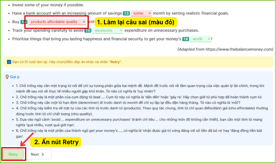 làm lại câu sai