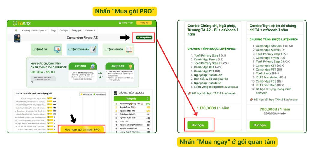 Hướng dẫn sử dụng mã học bổng khi đăng ký các gói luyện thi trên TAK12