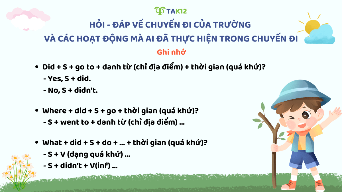 Cấu trúc hỏi - đáp về chuyến đi của trường và các hoạt động mà ai đã thực hiện trong chuyến đi