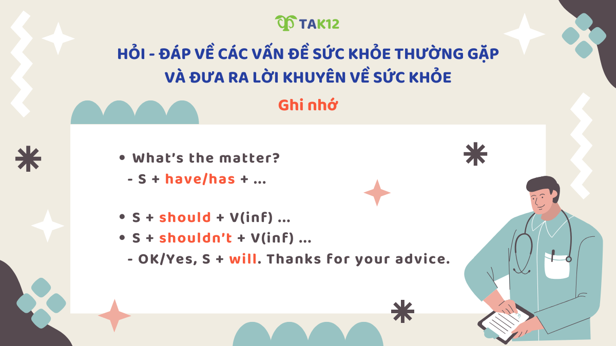 Cấu trúc hỏi - đáp về các vấn đề sức khỏe thường gặp và đưa ra lời khuyên về sức khỏe
