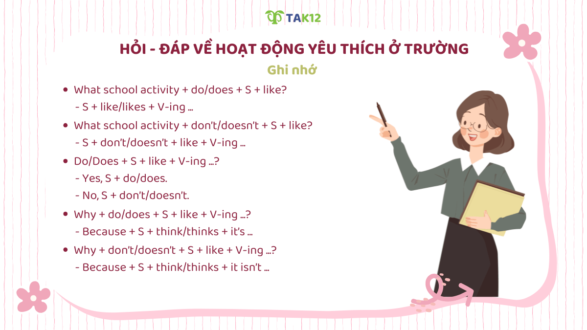 Cấu trúc hỏi - đáp về hoạt động yêu thích ở trường